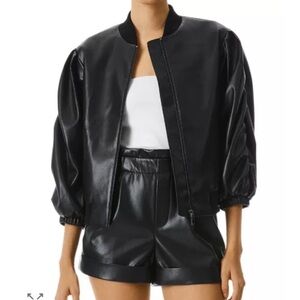 Alice + Olivia Jax Black Faux Leather Bomber Jacket, Size Small.